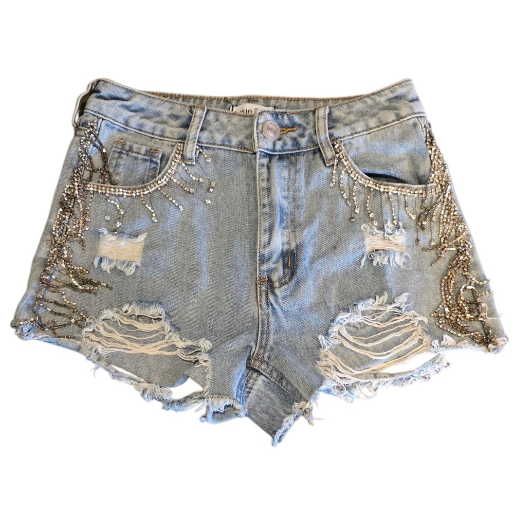 Rue21 Distressed Rhinestone Fringe Denim Shorts Light Wash Cut Off Size 0